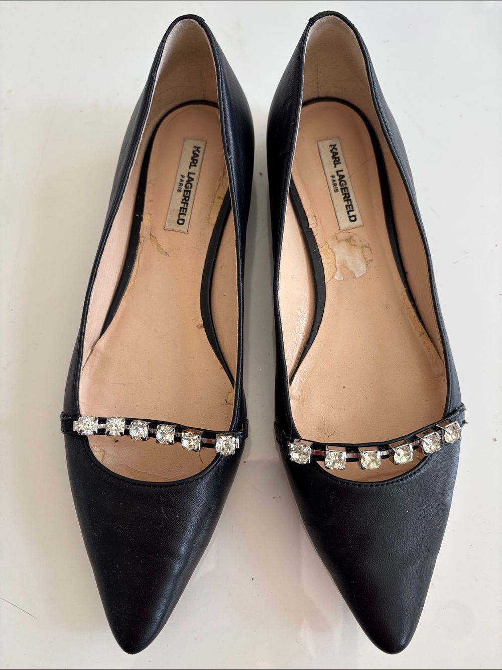 Karl Lagerfeld Black Pointed Flats with Crystal Strap